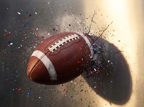 American football ball smashing through a glass wall with flying shards