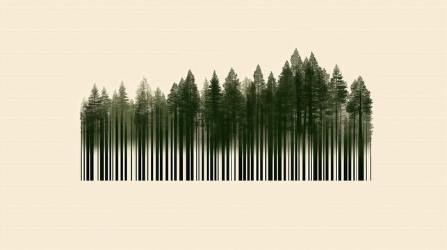 Minimalist vector illustration of a dark green pine forest silhouette on a cream background, featuring a clean, modern barcode-style tree line design.