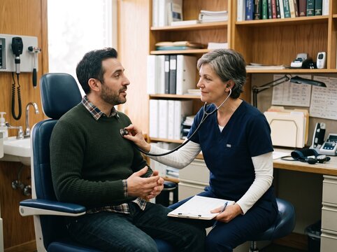 Doctor examines male patient with stethoscope in a medical office setting V&iacute;deo