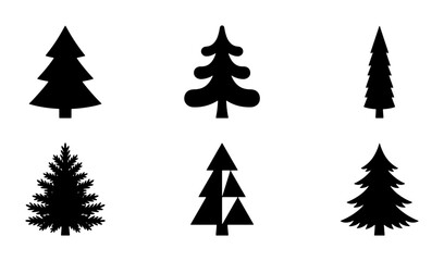 Obraz premium Set of Six Black Christmas Tree Icons, Festive Evergreen Silhouettes for Winter Holidays and Nature Designs