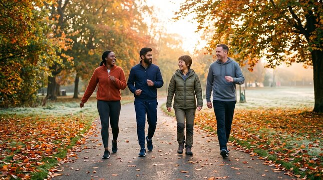 Diverse group of friends enjoying a brisk walk in a park during autumn with colorful leaves on the ground V&iacute;deo