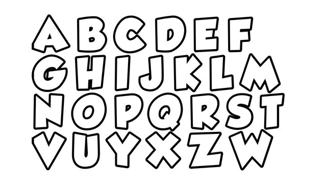 Cartoon comic book style alphabet letters with thick outlines alphabet typography character isolated collection