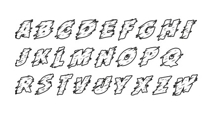 Naklejka premium Italicized distressed sketchy alphabet letters with rough scratched texture alphabet distressed typography