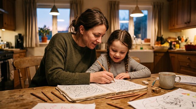 Mother and daughter drawing together at a wooden table in a cozy kitchen during twilight V&iacute;deo