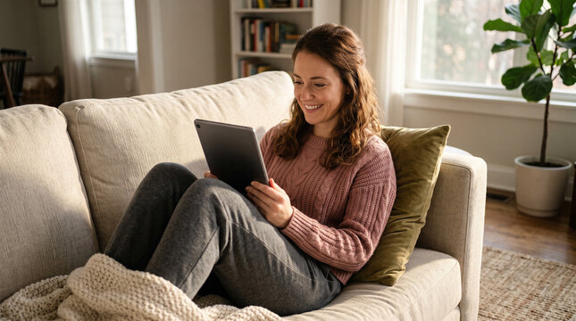 Young mature woman smile and enjoy time reading an electronic book on tablet reader device comfortably sitting on the sofa at home in indoor leisure activity alone. Female people have relax indoor