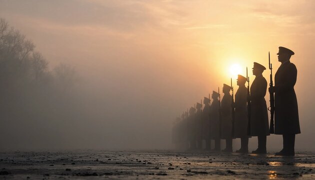 silhouetted military honor guard stands at attention with rifles in a long row during a misty golden sunrise