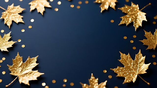 Golden maple leaves on dark blue background, elegant autumn frame with gold glitter confetti, luxury fall border for seasonal greeting cards