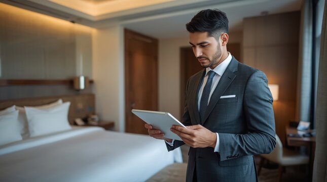 Businessman in a formal suit stands inside a luxurious hotel room while carefully reviewing digital data on his tablet computer.