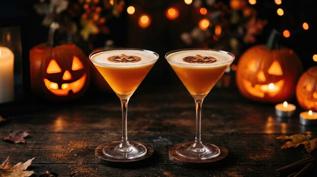 Two festive pumpkin spice martini cocktails served on a dark wooden table with glowing jack o lanterns background