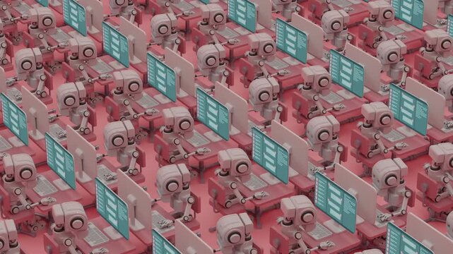3d animation loop of an array of futuristic artificial intelligence chat operators. Endless grid of cybernetic androids interacting with messaging interfaces in a massive automated support hub.