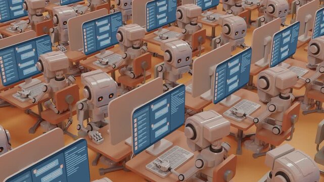 3d animation loop of an array of futuristic artificial intelligence chat operators. Endless grid of cybernetic androids interacting with messaging interfaces in a massive automated support hub.