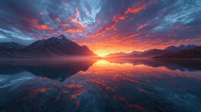 Lake landscape captures a golden sun setting between distant mountains while creating a mirror reflection on the still water.