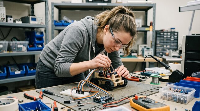 Young woman engineer focused on building a small robot with wires and electronic components in a workshop V&iacute;deo