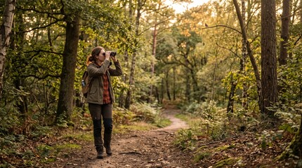Fototapeta premium Young woman photographing nature on hiking trail in autumn forest 