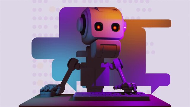 3d animation loop of a futuristic artificial intelligence chatbot at a computer terminal. Cybernetic android typing on keyboard against UI message bubbles, representing automated support systems.