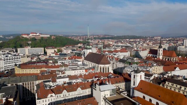 Aerial Approach to St Jacob Church Spire in Brno Czech Republic