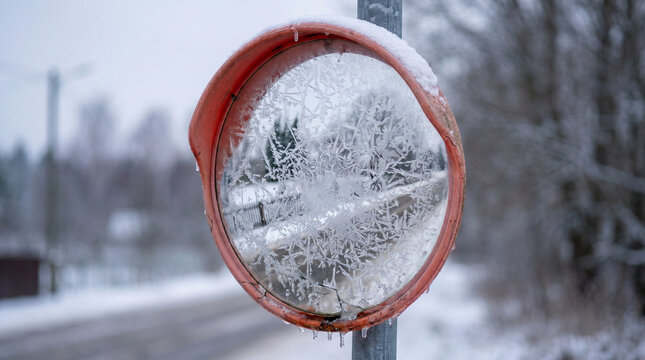 Frosted traffic mirror reflecting snowy landscape in winter  