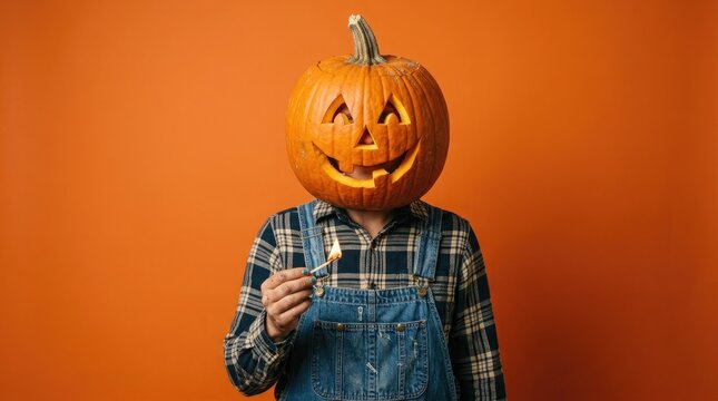A person wearing a carved pumpkin head mask standing against a solid orange background for halloween celebration