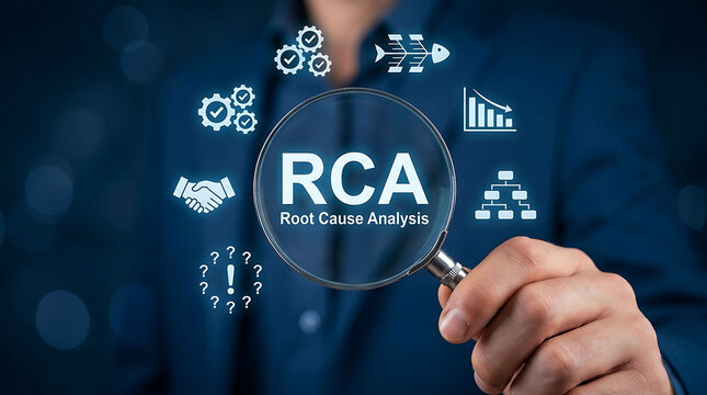 Root Cause Analysis RCA concept with businessman holding magnifying glass blue