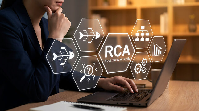 Businesswoman working on laptop using RCA root cause analysis methodology concept