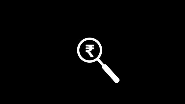 User profile search icon with magnifying glass for recruitment and identification.Rupee symbol icon search by magnifying glass for recruitment and identification animation on black screen.