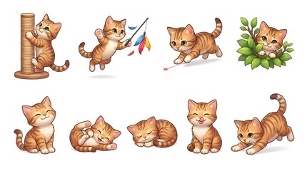 Naklejka premium Ginger kittens showcase a variety of cute expressions and active moments in this delightful series of illustrative drawings.