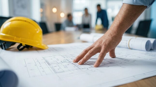 Construction blueprint review with engineers analyzing building and infrastructure development project plans