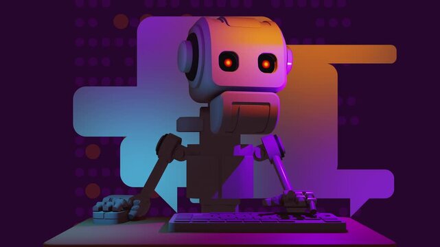 3d animation loop of a futuristic artificial intelligence chatbot at a computer terminal. Cybernetic android typing on keyboard against UI message bubbles, representing automated support systems.