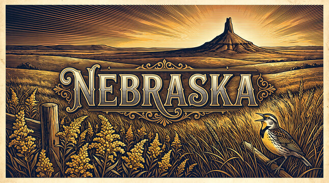 Nebraska state vintage engraving illustration with Chimney Rock, Great Plains, Western meadowlark and goldenrod flowers