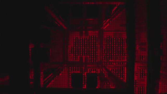Industrial elevator shaft with red emergency lighting, dark metallic lift cage moving in slow motion, spooky underground facility background