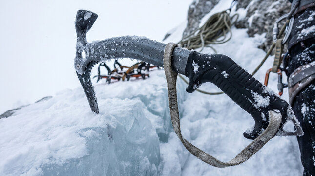 Frozen climbing axe resting on ice in snowy mountain environment  