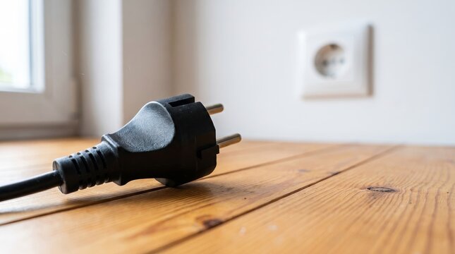 Black electrical power plug rests on a light wooden table surface near a white wall outlet under bright natural light