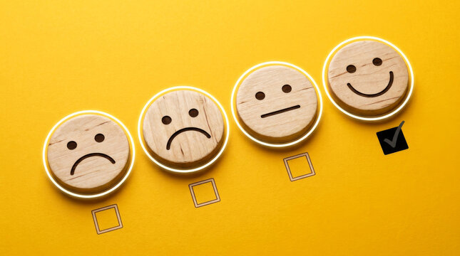 Customer feedback survey concept with wooden face icons, satisfaction rating scale on bright yellow background, business service evaluation