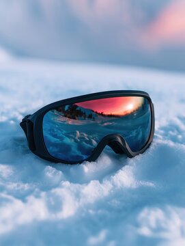 Close-up of mirrored ski goggles lying on pristine white snow with a beautiful sunset reflection in the lens.