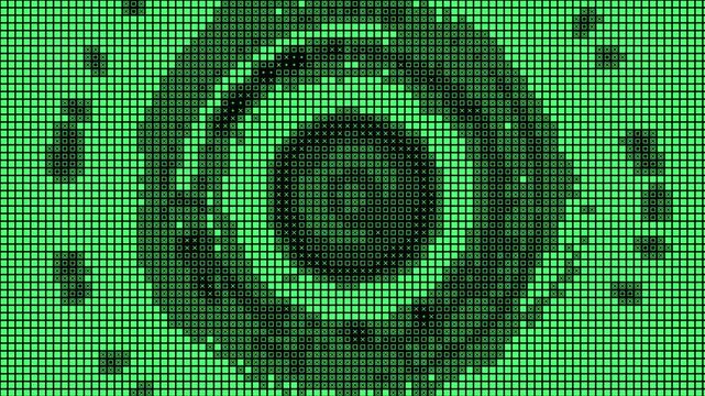 Retro green LED screen with concentric circles, digital pixel grid background, glowing electronic display loop