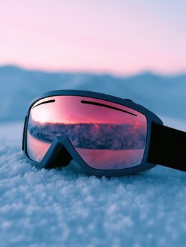 Close-up of mirrored ski goggles resting on untouched white snow, reflecting a beautiful pink and purple sunset sky over snowy mountains.