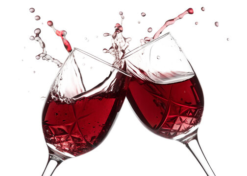 Two glasses of red wine clinking together with splash isolated on white background isolated on transparent background