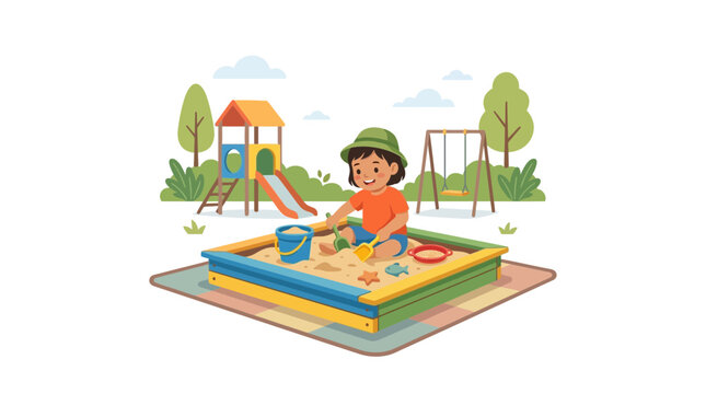 Child playing in sandbox at playground, isolated on white
