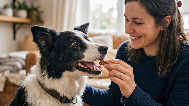 Smiling woman giving treat to happy Border Collie dog, showing pet owner bonding and rewarding good behavior at home for dog training guides, animal welfare blogs, and domestic pet care websites.