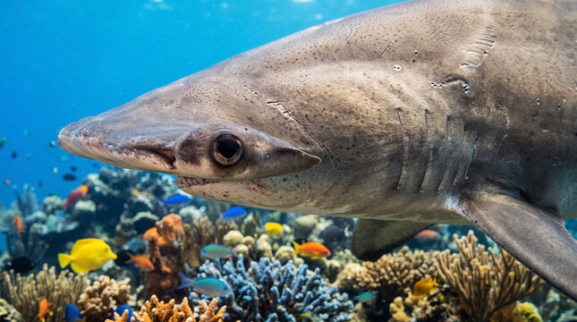 Scalloped Hammerhead Shark Gliding Over Vibrant Coral Reef Ecosystem with Tropical Fish, displaying Realistic Body Details for Ocean Biodiversity, Shark Conservation Awareness