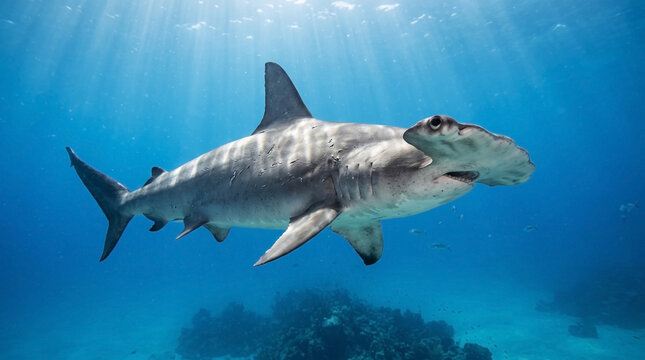 Hammerhead shark swimming gracefully in sunlit tropical ocean, ideal for marine conservation blogs, wildlife websites, oceanography studies, and environmental awareness
