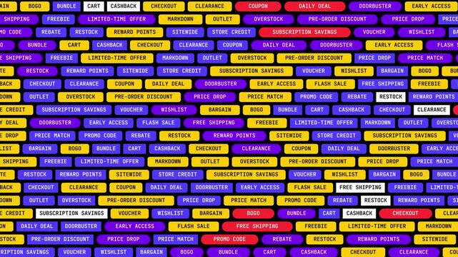 E-commerce discount tags background, retail sale promotion words pattern, colorful shopping labels animation