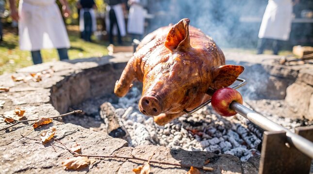 Roasted whole pig turning slowly on a metal spit over hot glowing embers with a bright red apple in mouth