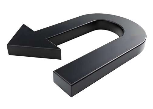 A 3d black u-turn arrow icon representing change of direction or return isolated on transparent background