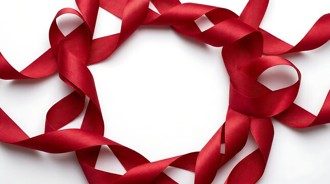 Red ribbon frame on white background. Decorative satin border for holiday gift cards.