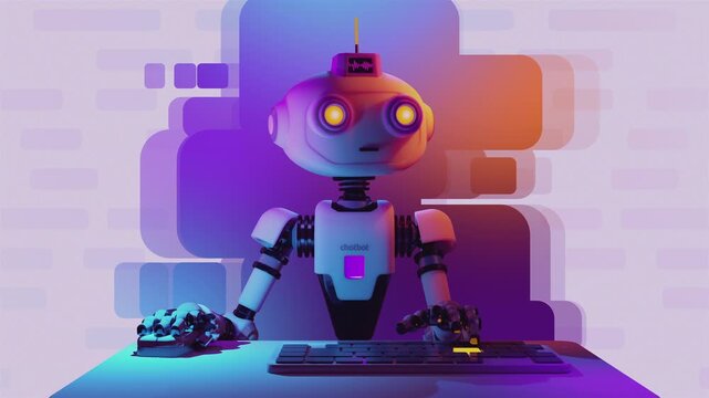 3d animation loop of a futuristic artificial intelligence chatbot working at a workstation. Cybernetic robot typing on keyboard against UI message bubbles, representing automated support systems.