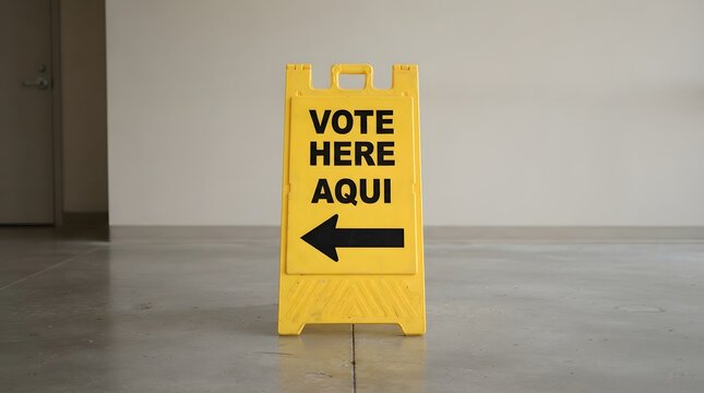 Yellow aframe sign with vote here aqui text and left arrow on concrete floor