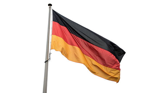 National flag of Germany waving on a metal flagpole isolated on transparent background cut out