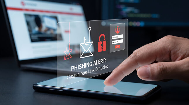 Phishing Alert Warning on Mobile Screen Displaying Fraudulent Link and Cyber Security Threat Icons During Finger Touch Interaction