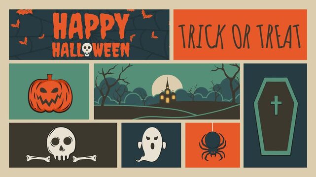 Halloween Collage Grid Animation. A 4K seamless looping animation featuring a grid collage of pumpkins, ghosts, skulls, coffins, spiders, and spooky landscapes with "HAPPY HALLOWEEN" text.